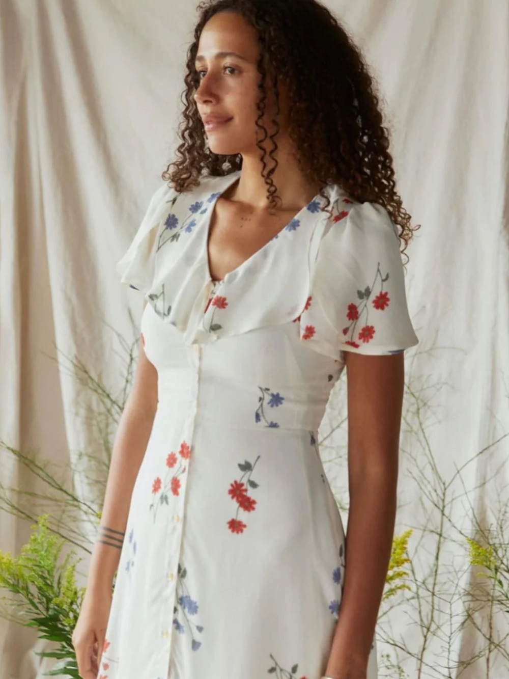 Christy Dawn White Floral Button-Front Dress with Red & Blue Flowers